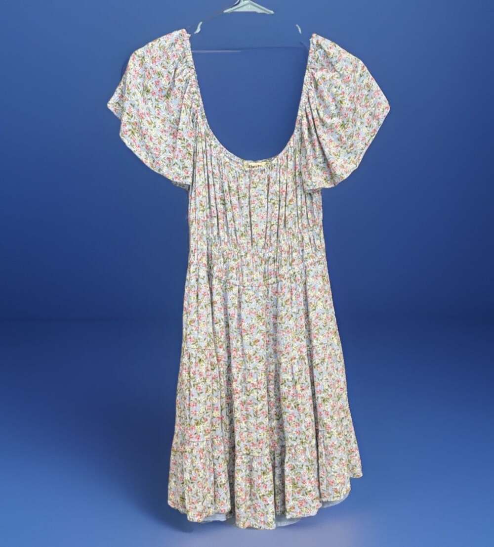 Blue Pink Floral Puff Sleeve Smocked Mini Dress  Babydoll Milkmaid Cottagecore L